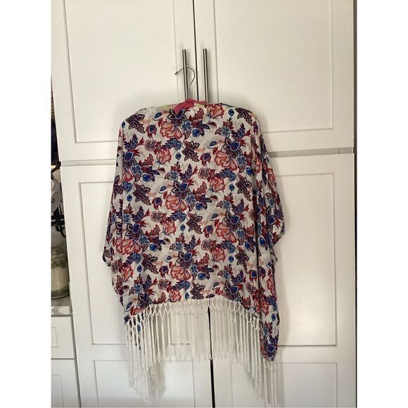 Forever 21 Womens Floral Kimono Shawl Sz L Fringe - Picture 4 of 8